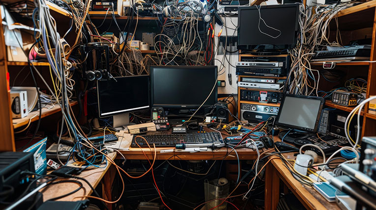 Computer room filled with messy cords