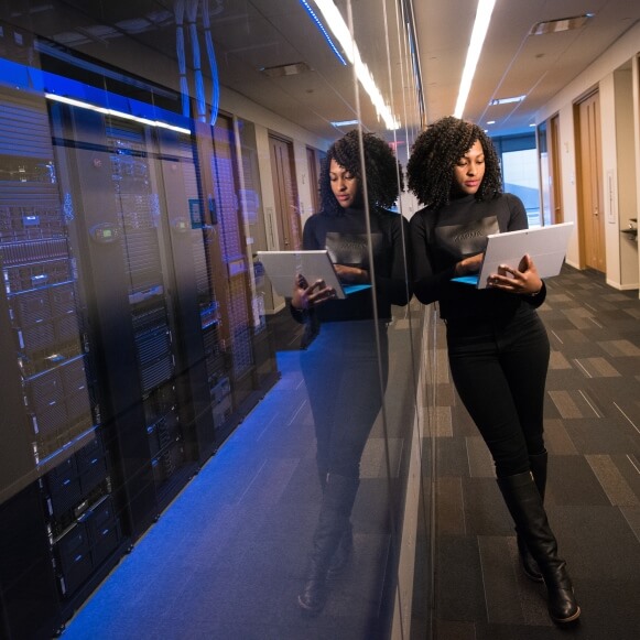 Lady standing next to server